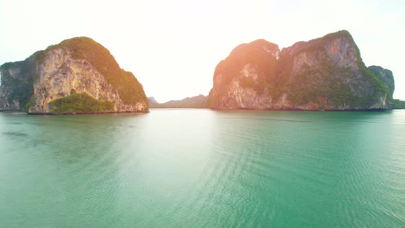 Aerial sunset above mountain silhouette. Beautiful views of the Andaman Sea