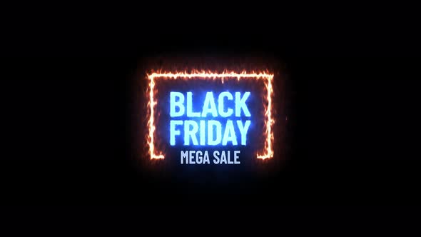 Black friday mega sale of the offer week. Frozen ice text on fire burning signboard.