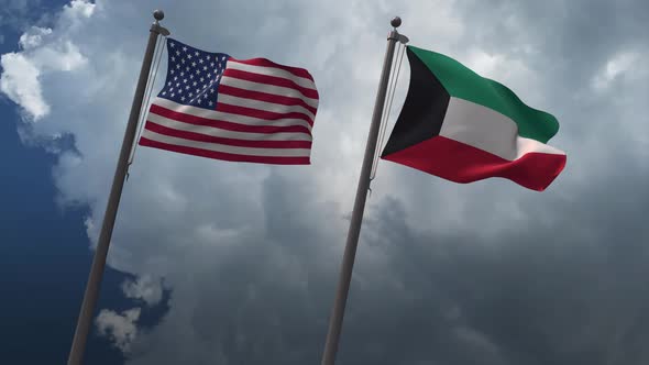 Waving Flags Of The United States And The  Kuwait 4K