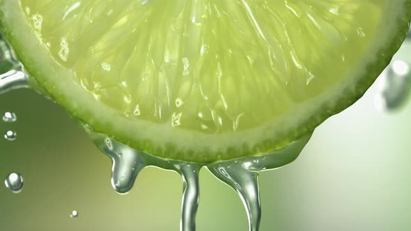 Slow Motion Macro Shot of Flowing Lime Juice From Lime Slice