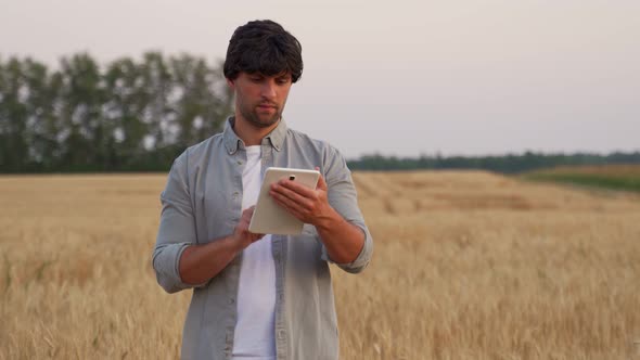 Man Farmer Using Digital Tablet Computer Standing in a Wheat Field and Using Apps and Checking