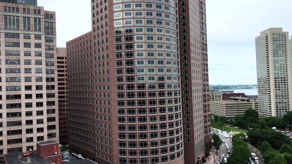 Panning over the skyscrapers of downtown Boston in the financial district at the waterfront