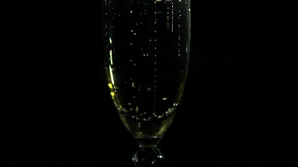 Silhouette of a Glass of Champagne with Bubbles in the Dark Slow Motion