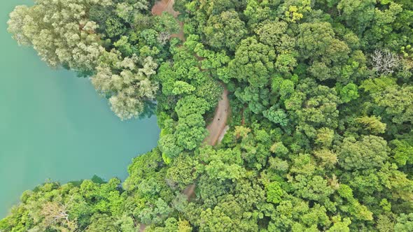 A dynamic descending aerial footage towards the peeking portions of the winding road covered by vari