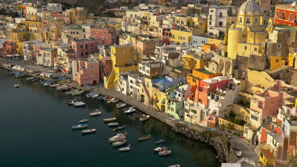 Tilt Shot of Island of Procida. Naples, Italy. UHD, 