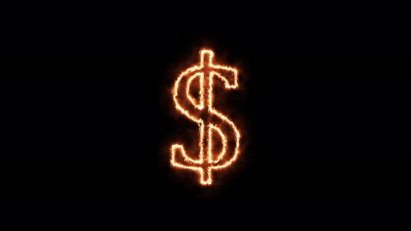 The dollar is on fire. Animation on a black background letters 4K video is burning in a flame.