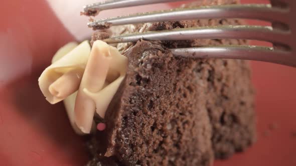 Eating chocolate cake with a fork macro shot