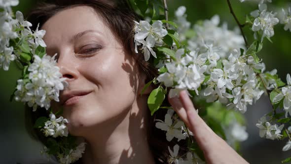 Portrait of a Brunette in the Branches of a Blooming Apple Tree