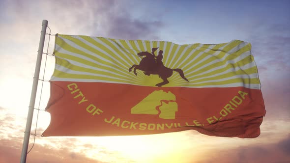 Jacksonville City Flag Waving in the Wind Sky and Sun Background