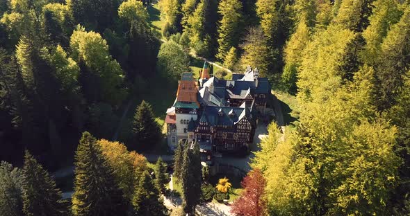 Pelisor Castle In The Romanian Forest Aerial