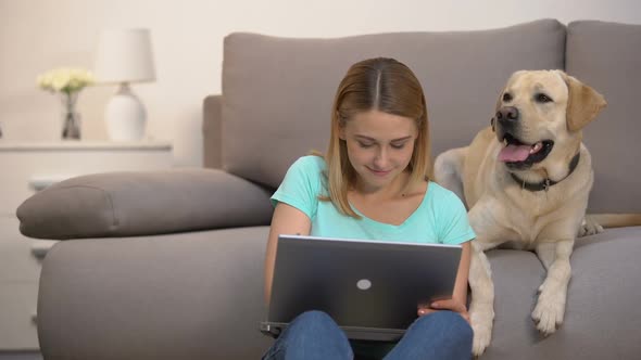 Happy Labrador Retriever Female Owner Buying Dog Food Online Using Laptop Pc
