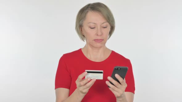 Online Shopping Failure on Smartphone for Old Woman on White Background