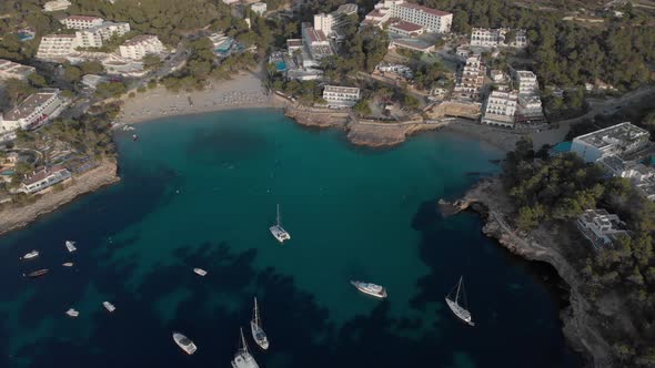 Aerial View of Many Yachts in a Bay on Ibiza Island