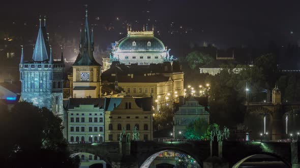 Scenic View of Bridges on the Vltava River Night Timelapse and of the Historical Center of Prague