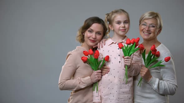 Happy Mother, Daughter and Granny Holding Tulips Grey Background, Spring Holiday