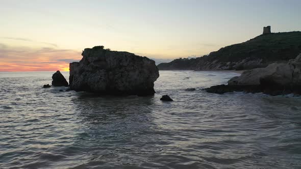 Sunset on the Sea on the Island of Sicily. Aerial View