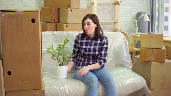 Tired Woman with a Flower Sitting on the Couch After Moving