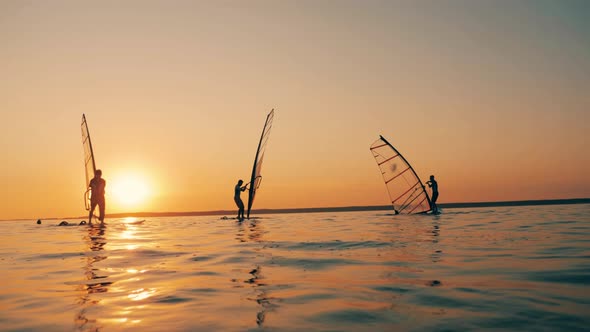 People Are Navigating Sailboards in Sundown Waters