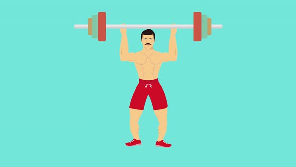 Muscular man doing exercise with barbell 4K animation