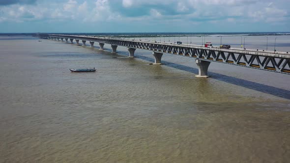 Aerial view of Padma bridge, over the Padma river by day, Dhaka, Bangladesh.