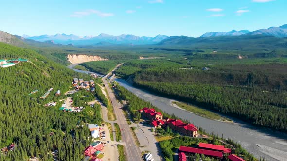 4K Drone Video of Denali Park Village along the Nenana River on the George Parks Highway Alaska Rout