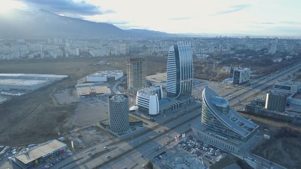 Wide View of Sofia City Highways and Modern Buildings. Vitosha Mountain in the Background 