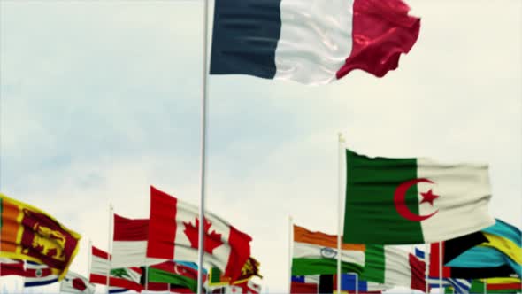 France Flag With World Globe Flags Morning Shot