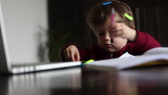 Little boy play with notebook, stickers and parents laptop at table at home alt