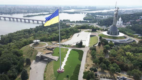 Kyiv - National Flag of Ukraine By Day. Aerial View. Kiev. Slow Motion