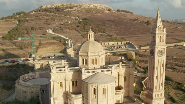 Ta Pinu Church Sand Beige Colored Basilica on Gozo Mediterranean Island, Malta in Beautiful Sunlight