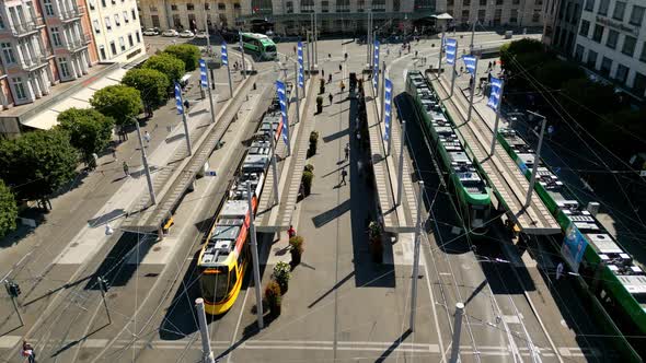 The Trams and Public Transport of Basel at Central Station in Basel Switzerland  View From Above