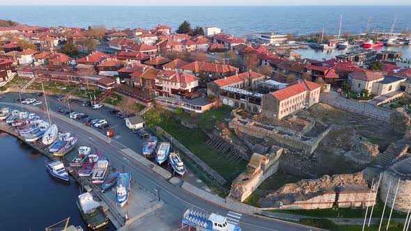 View From a Height on the Pier of the City the Islands of Pomorie with Many Boats and Boats in the