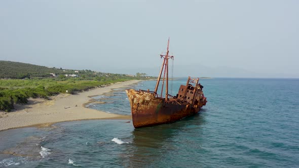 Aerial drone video of famous shipwreck of Dimitrios abandoned in Selinitsa bay