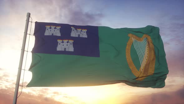 Flag of Dublin Capital City of Ireland Waving in the Wind Sky and Sun Background