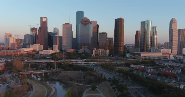 4k aerial of downtown Houston at night