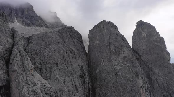 Aerial View of the Paso Gardena Pass in the Province of Bolzano. Dolomites. Flying Near the Sella