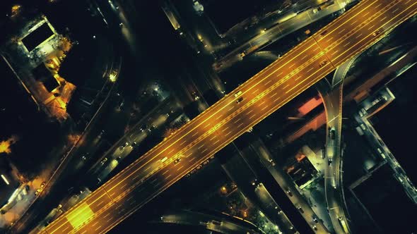 Top Down Night City Roads Cars Driving Aerial