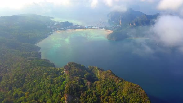 Aerial view of Phi Phi, Maya beach at sunset with Andaman sea in Phuket. Thailand