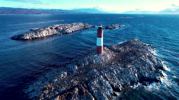 Famous lighthouse of Ushuaia City at Beagle Channel near Chile border. Patagonia Argentina. Called o