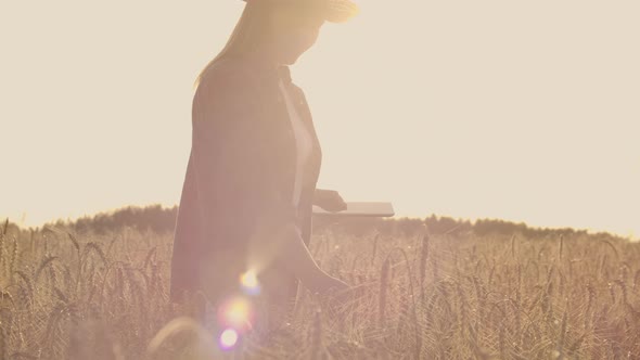 Young Woman Farmer in Wheat Field on Sunset Background