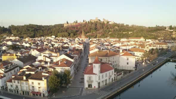 Aerial drone view of Tomar and Convento de cristo christ convent in Portugal