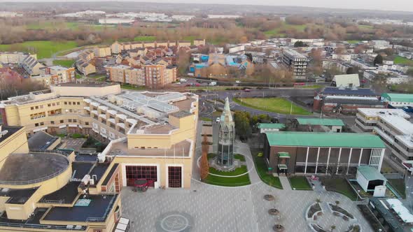 Flying over the Basildon Town Centre and St Martins Church towards Gloucester Park