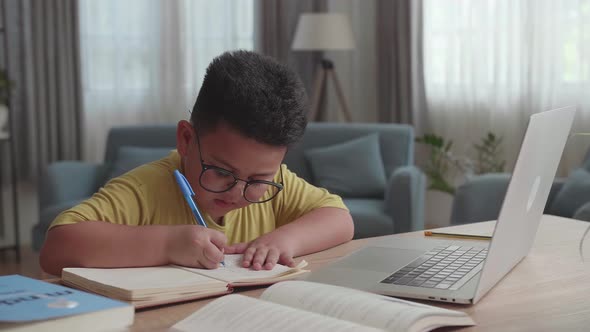 Asian Little Boy Study Online From Home. Child Use Laptop Makes Notes