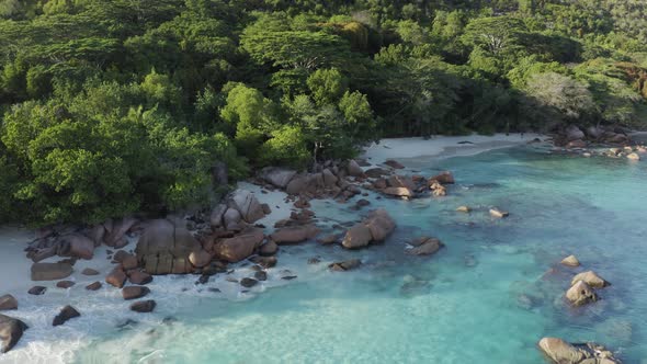 Aerial view of a small bay, Anse Lazio, Grand Anse, Seychelles.