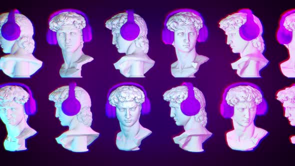 Statues wearing purple headphones are drifting through the web background