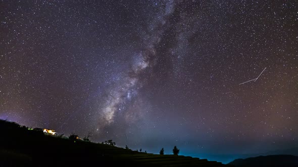 Time lapse of Milky Way Galaxy over hut on paddy rice field  at night sky.