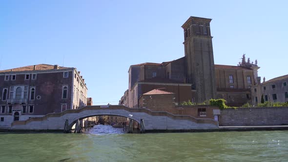 Water Tour in Venice, Boat Sailing on Grand Canal, View on Buildings and Bridge