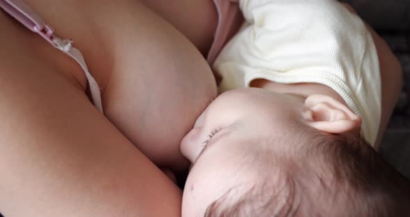 Mother Breastfeeding Her Newborn Baby on Sofa