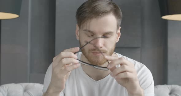 Slow-mo, Tired Man Taking Off Eyeglasses and Rubbing Temples