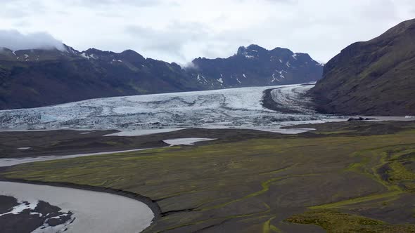 Iceland Glacier with River Right to Left Aerial 4K